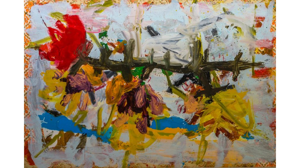 Jorge Galindo - A FLAMA, 2024, Óleo e papel de parede colado sobre tela, 200 x 300cm