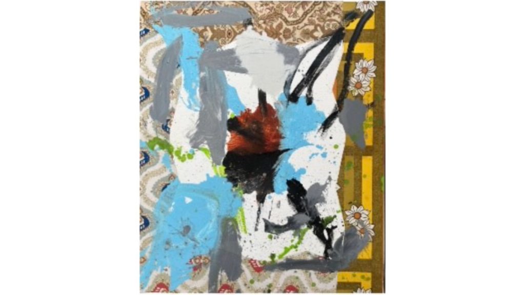 Jorge Galindo - Os uivos das celas 8, 2023, Óleo e papel de parede sobre tela, 120 x 100cm