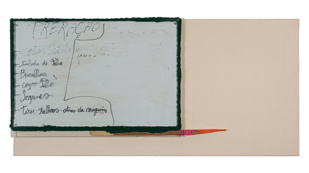 Pedro Cabrita Reis - Daily Menu, 2019, Tela crua, vidro, acrílico, madeira e objecto, 48,5 x 100,5 x 6cm