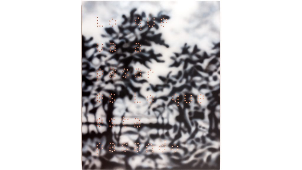 Raúl Cordero - Untitled (Lo que va a pasar es lo que está pasando...), 2019, Acrílico, poliéster e pigmentos metálicos sobre tela, 230 x 190cm